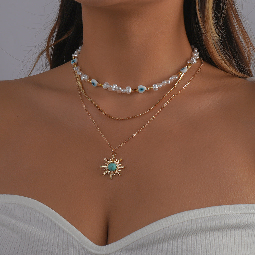 Three-Layer Pearl Resin Turquoise Sunflower Necklace