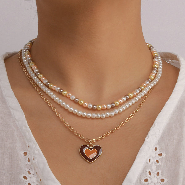 Beaded Heart Pendant 3 Layers Necklace