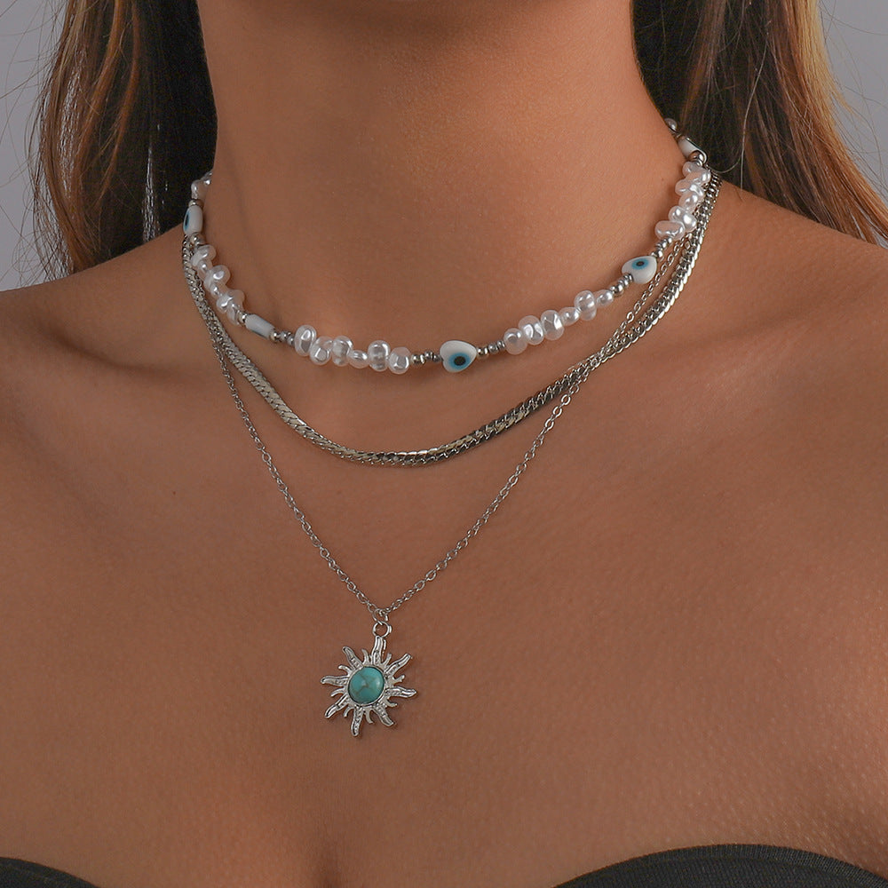 Three-Layer Pearl Resin Turquoise Sunflower Necklace