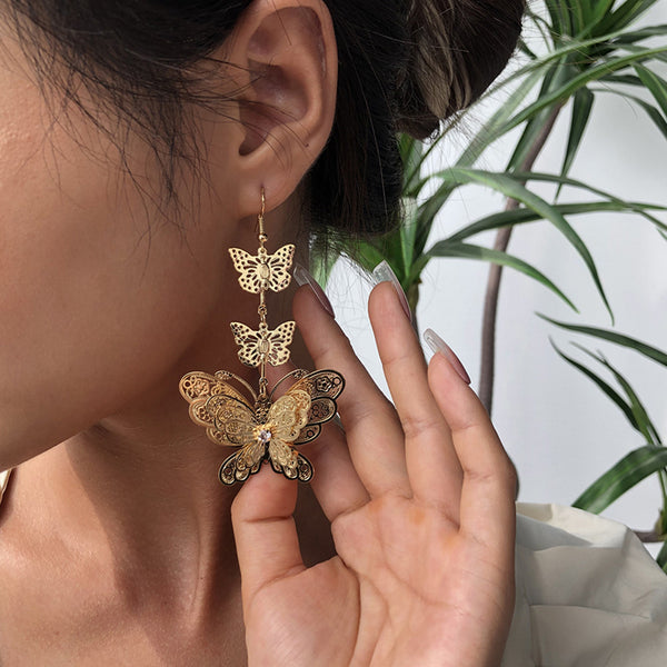 Triple Butterflies Long Earrings