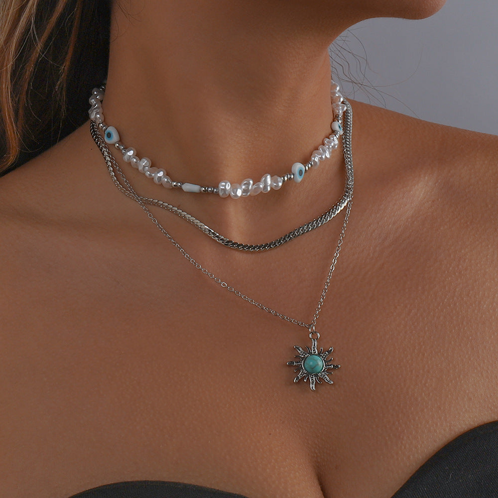 Three-Layer Pearl Resin Turquoise Sunflower Necklace