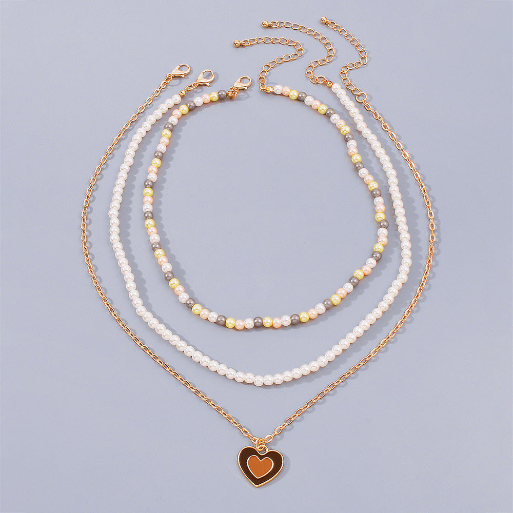 Beaded Heart Pendant 3 Layers Necklace